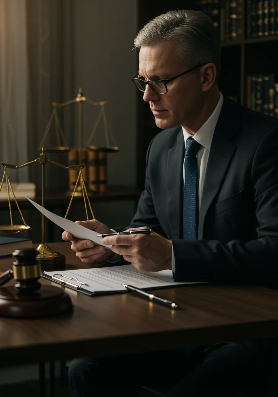 imagen14 "Abogado blanco confiado revisando documentos judiciales en un moderno tribunal, simbolizando una resolución favorable del caso y estrategias legales exitosas."