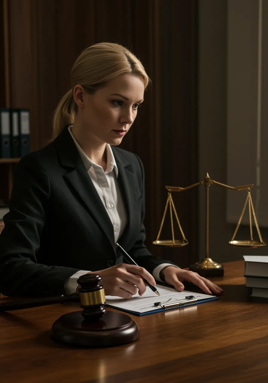 imagen19 "Escena de tribunal realista con una abogada blanca en un momento decisivo, simbolizando el éxito en un caso judicial con elementos legales como el martillo y archivos de caso."